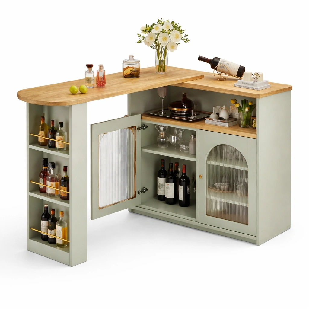 Ausziehbarer Bartisch mit Stauraum und Drehfunktion, Multifunktionaler Stehtisch mit Glas Tueren und Regal, Kompakter Kuechentisch 138-193 cm-zolqora