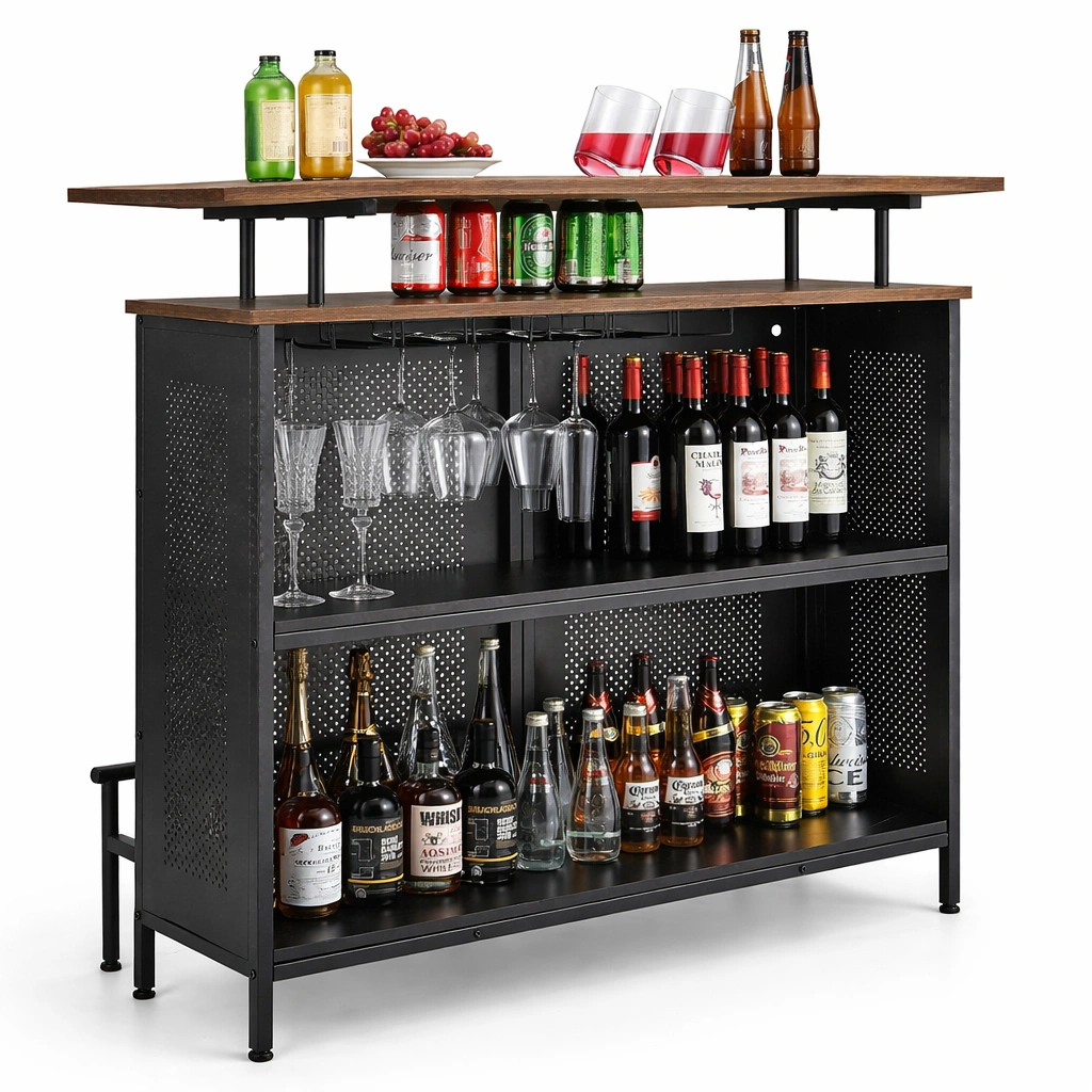 Bar Tisch mit Aufsatzablage und Glashalter 4 Ebenen Weinregal Industrial Design 120 x 50 x 106.5 cm-zolqora