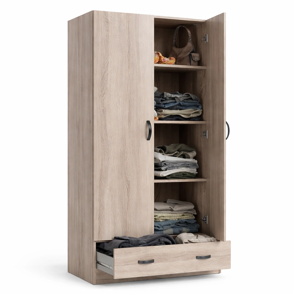 2 Turiger Kleiderschrank mit Schublade Eiche Optik 79 x 35 x 171 cm Moderner Stauraum Schrank-zolqora