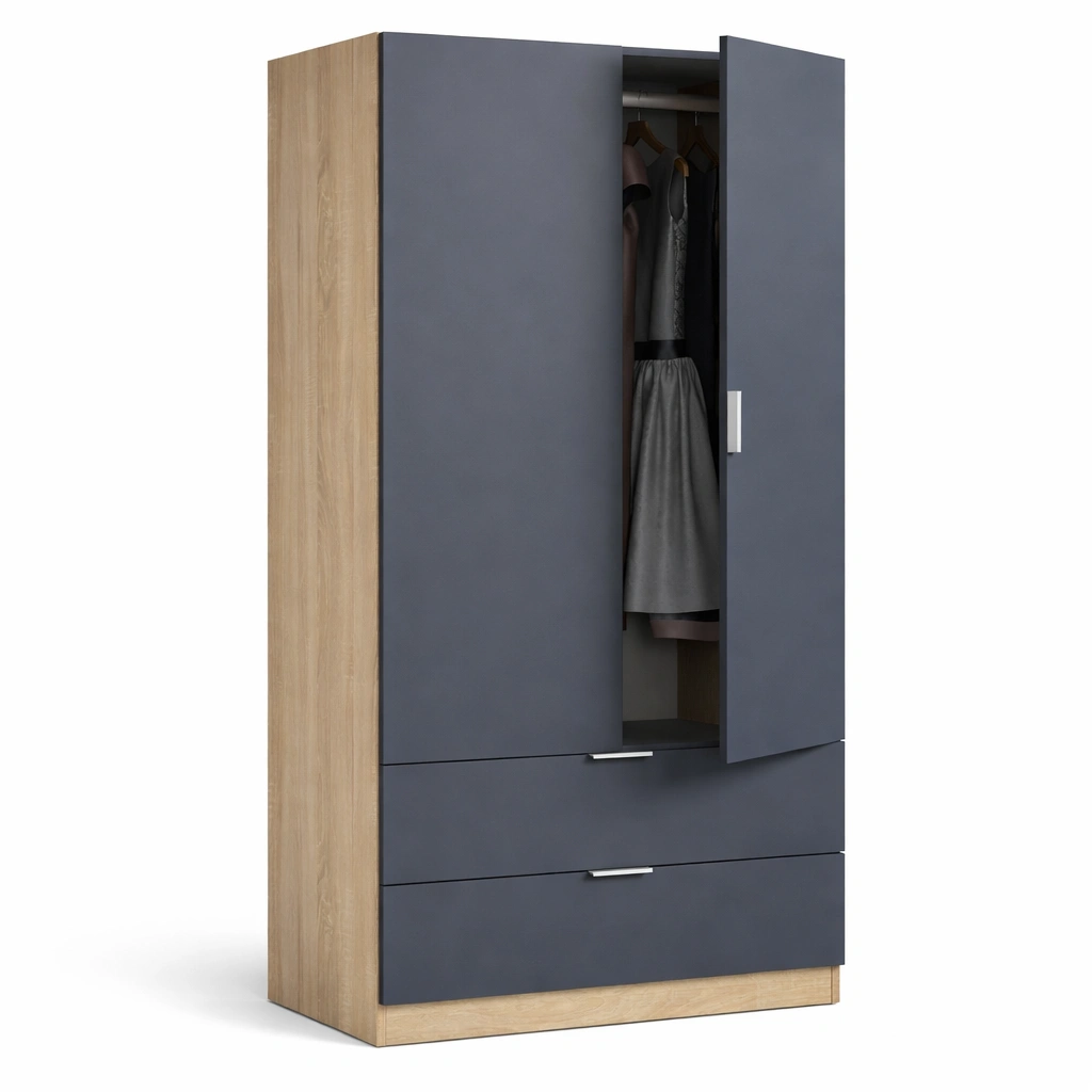 Kleiderschrank 2 Tueren mit 2 Schubladen Modernes Design in Dunkelgrau und Eiche Optik 81 x 180 x 52 cm-zolqora