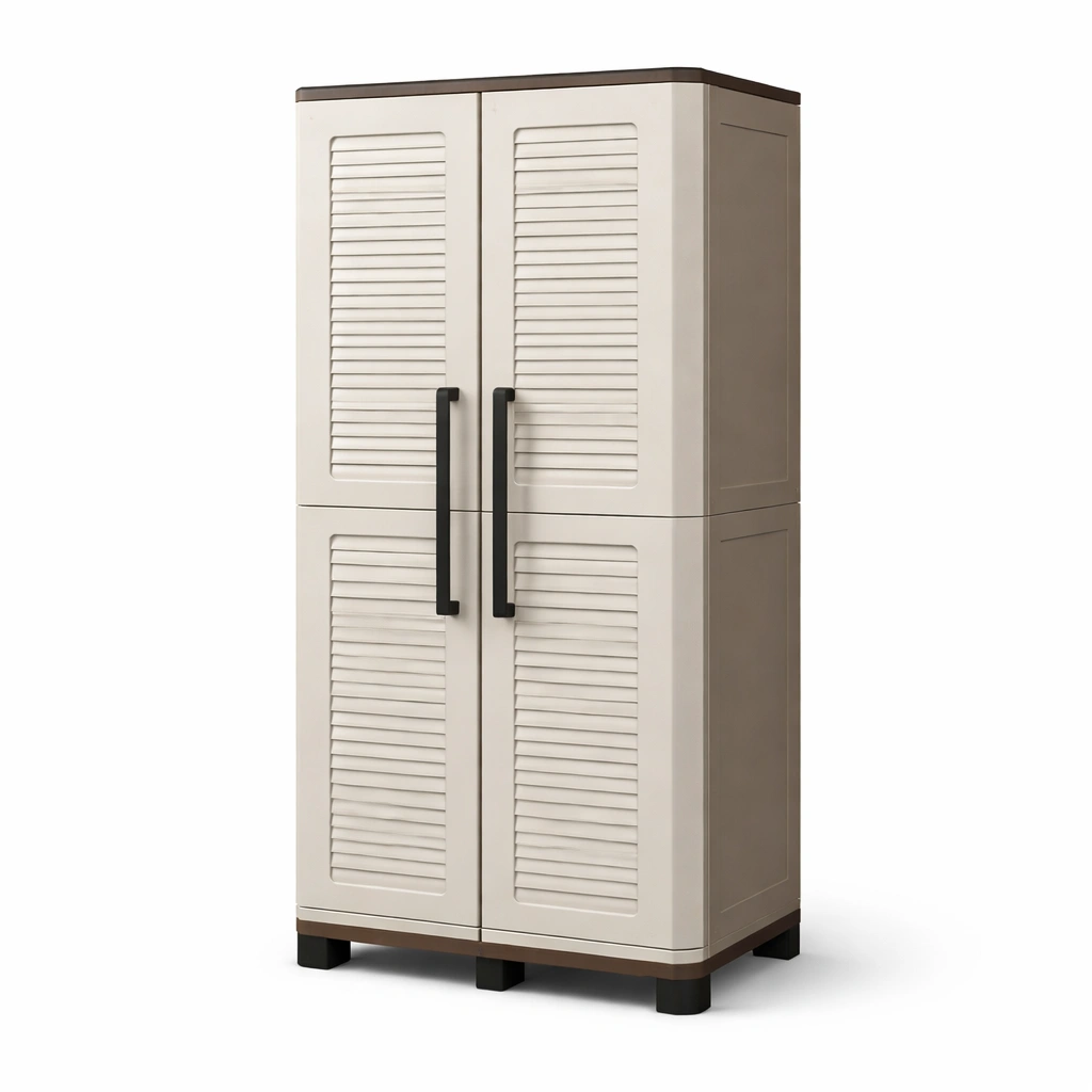 Outdoor Schrank 2 Turig Kunststoff Gartenschrank mit Lamellenoptik Wetterfest Grau Schwarz 68x37x169 cm-zolqora