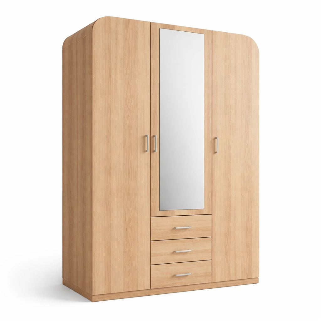 Moderner Kleiderschrank mit 4 Tueren und 3 Schubladen in Naturholz Optik, Grosse Stauraum Loesung fuer Schlafzimmer-zolqora