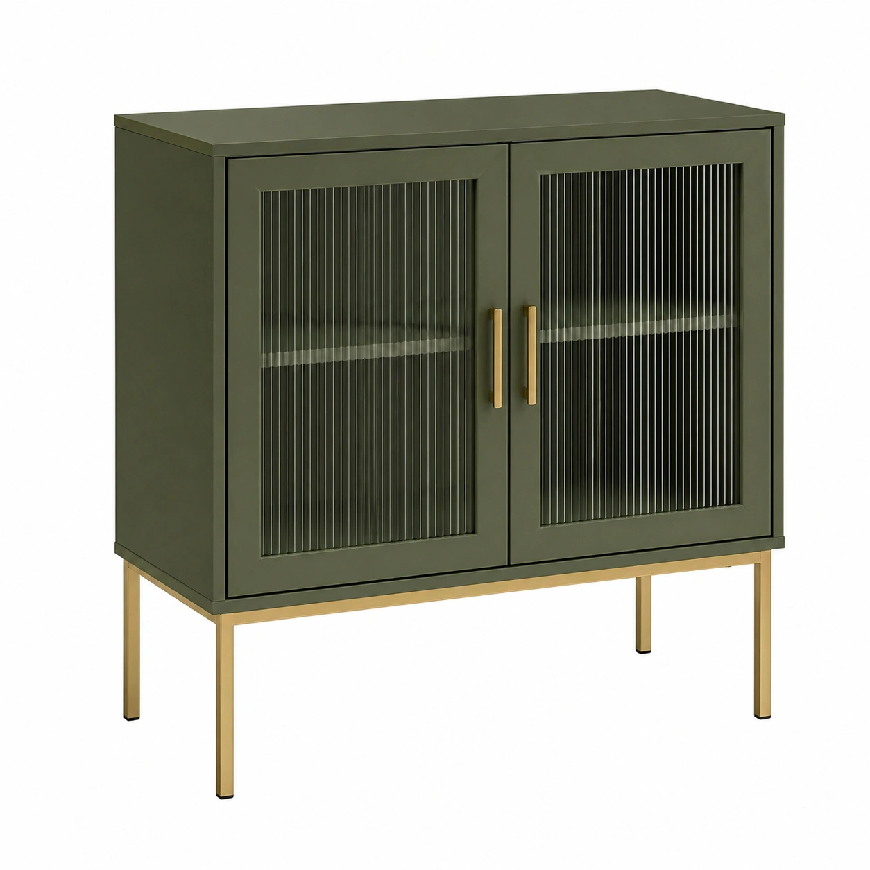 Modern Storage Cabinet with Fluted Glass Doors in Olive Green