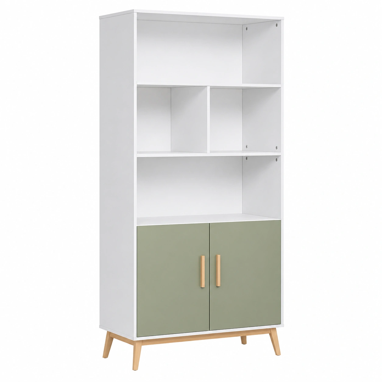 Modern Nordic Bookshelf with 2 Doors and Open Compartments White/Green