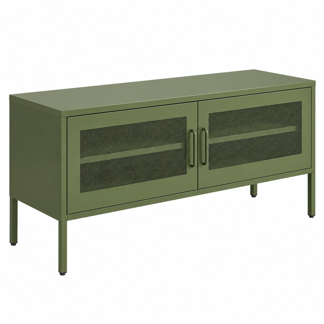 Low Metal Office Cabinet with Mesh Doors and Modern Industrial Design