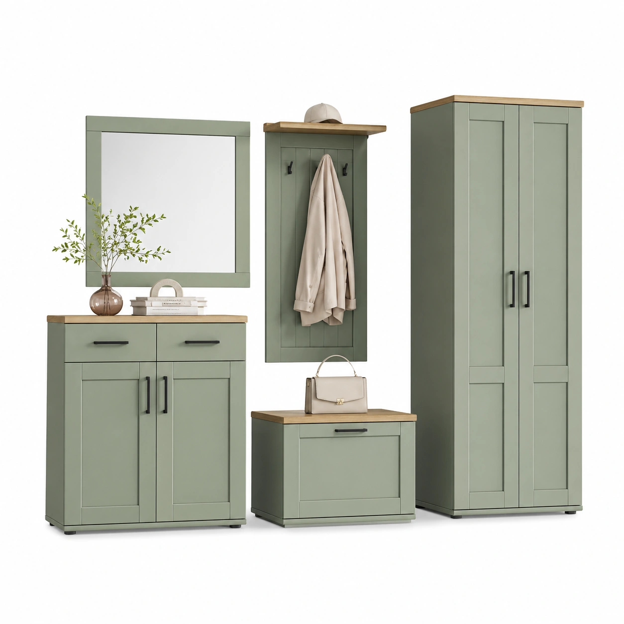 Moderner Garderobenschrank Set mit Spiegel, Schuhbank & Wandpaneel – Salbeigrün / Eiche Optik-cartmovo