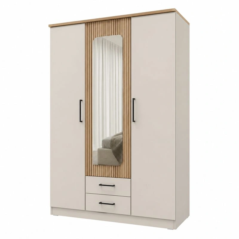 Moderner Kleiderschrank mit Spiegel und Lamellen Design in Beige Holzoptik 135x199x58 cm-cartmovo