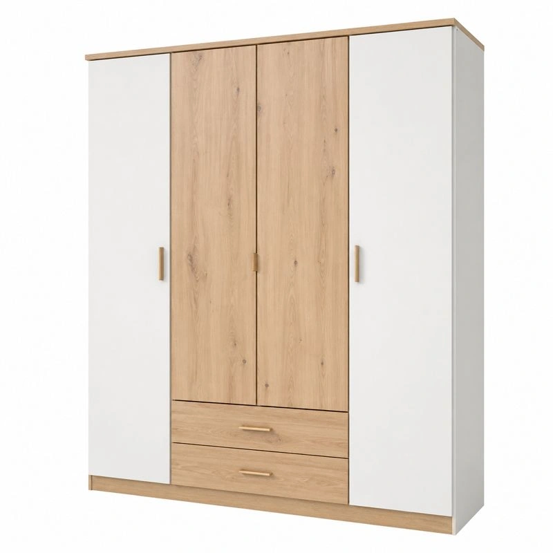 Kleiderschrank Modern Holzoptik Weiss 4 Tueren mit Schubladen 180x58x199 cm-cartmovo