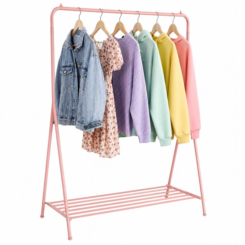 Minimalistischer Kleiderstaender aus Metall mit Ablage und stabilem Rahmen, freistehend, platzsparend-cartmovo