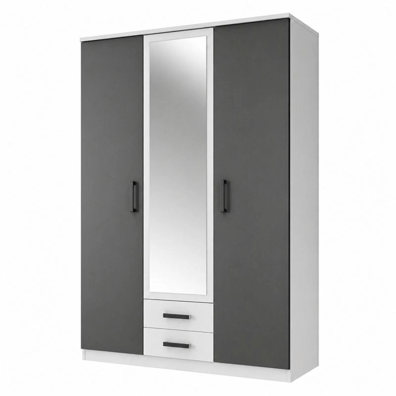Kleiderschrank modern Graphit Weiss mit Spiegel 3 Tueren und Schubladen 135x199x58 cm-cartmovo