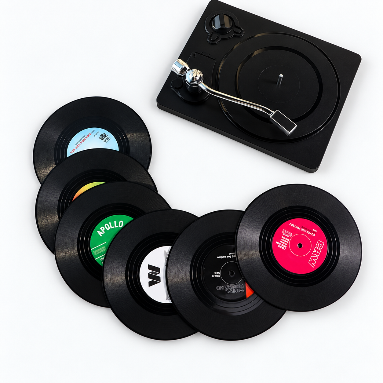 Retro Vinyl Record Coaster Set with Turntable Holder