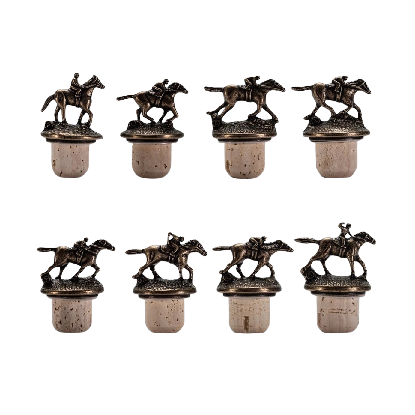 Complete set of eight horse and jockey bottle stoppers