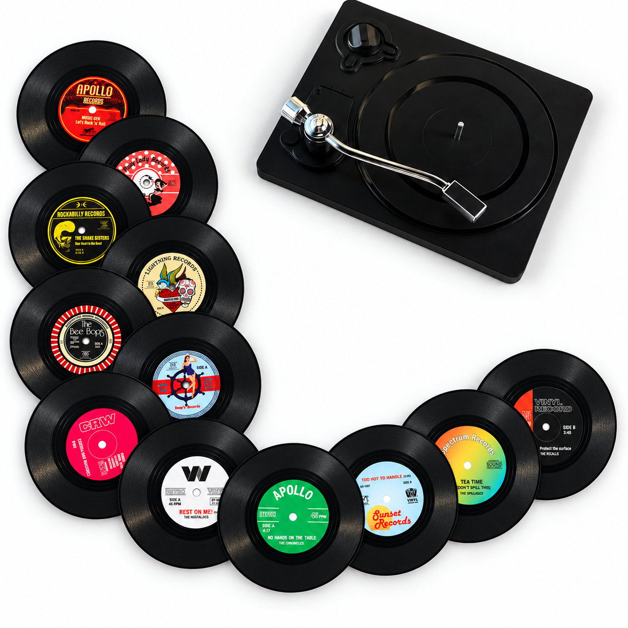 Retro Vinyl Record Coaster Set with Turntable Holder