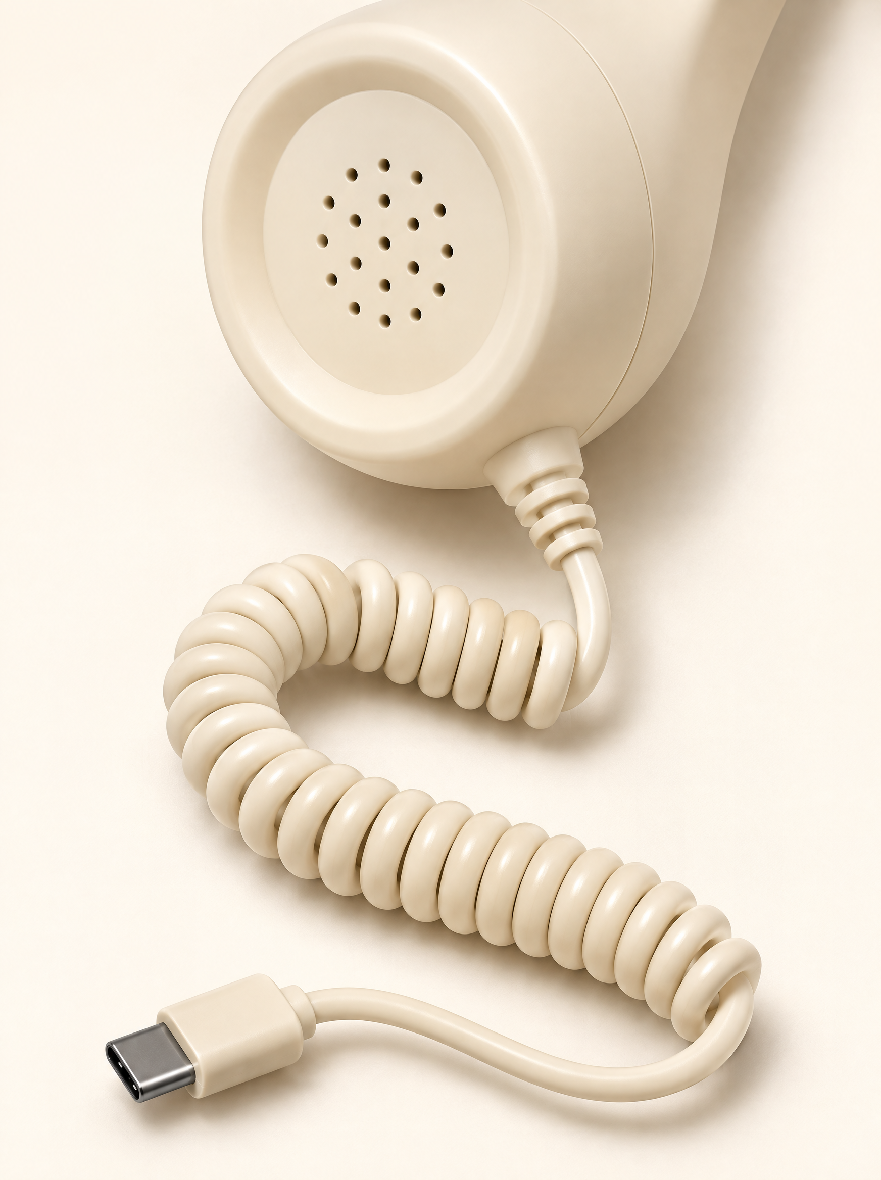 Close-up detail of the flexible coiled handset cable