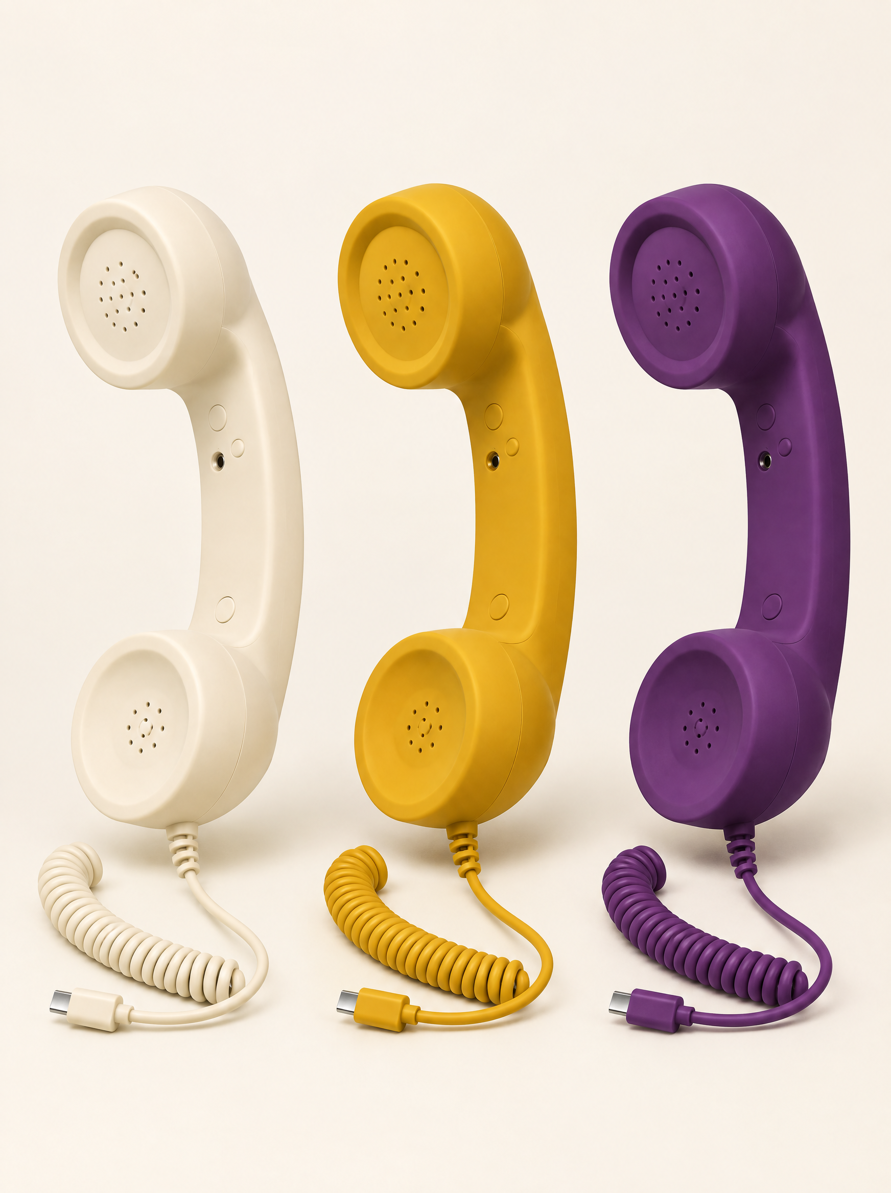Retro phone handsets displayed in ivory, yellow and aubergine