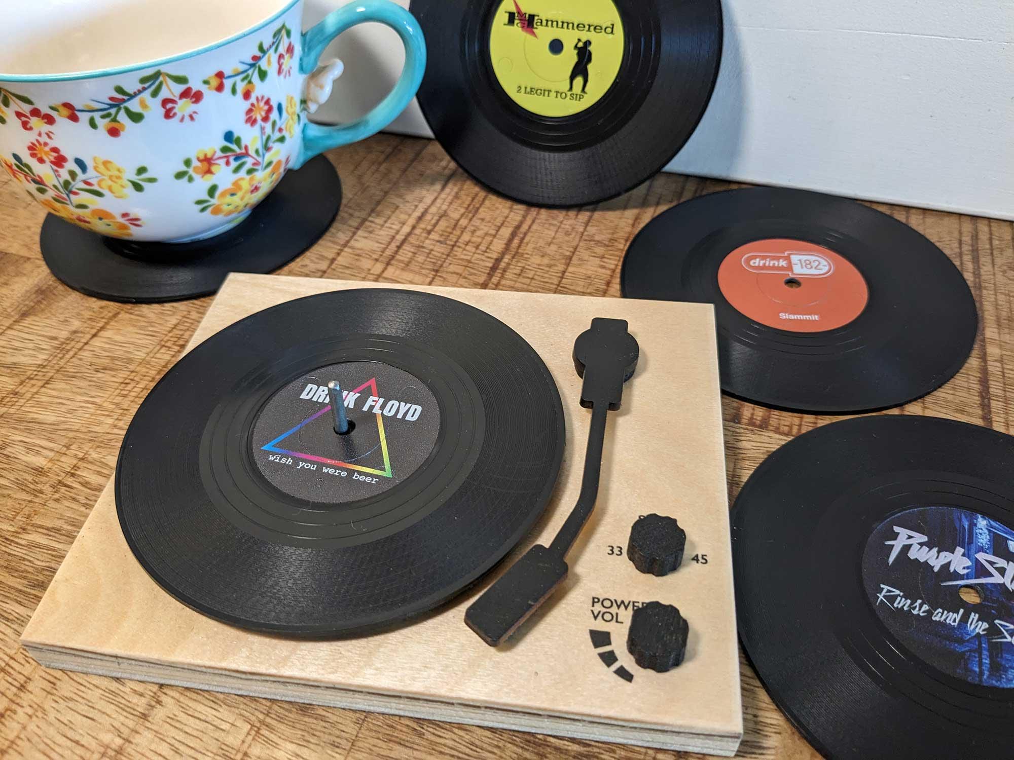 Turntable holder and miniature record coasters