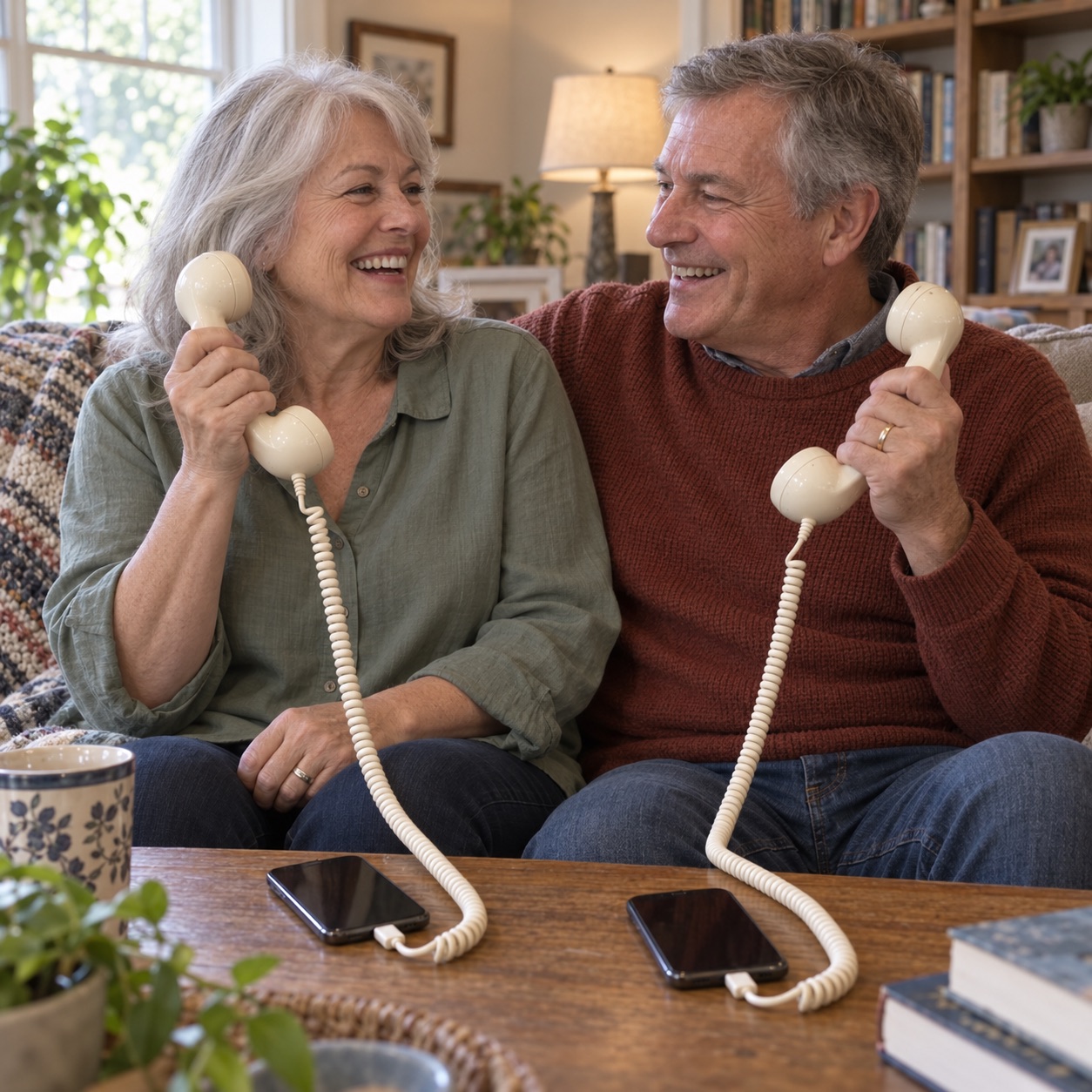 Couple sharing a playful call with retro handsets