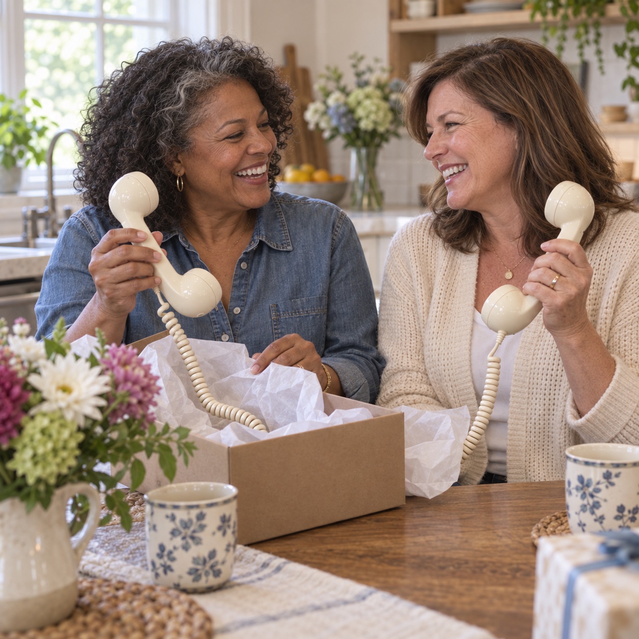 Friends opening a retro phone handset gift