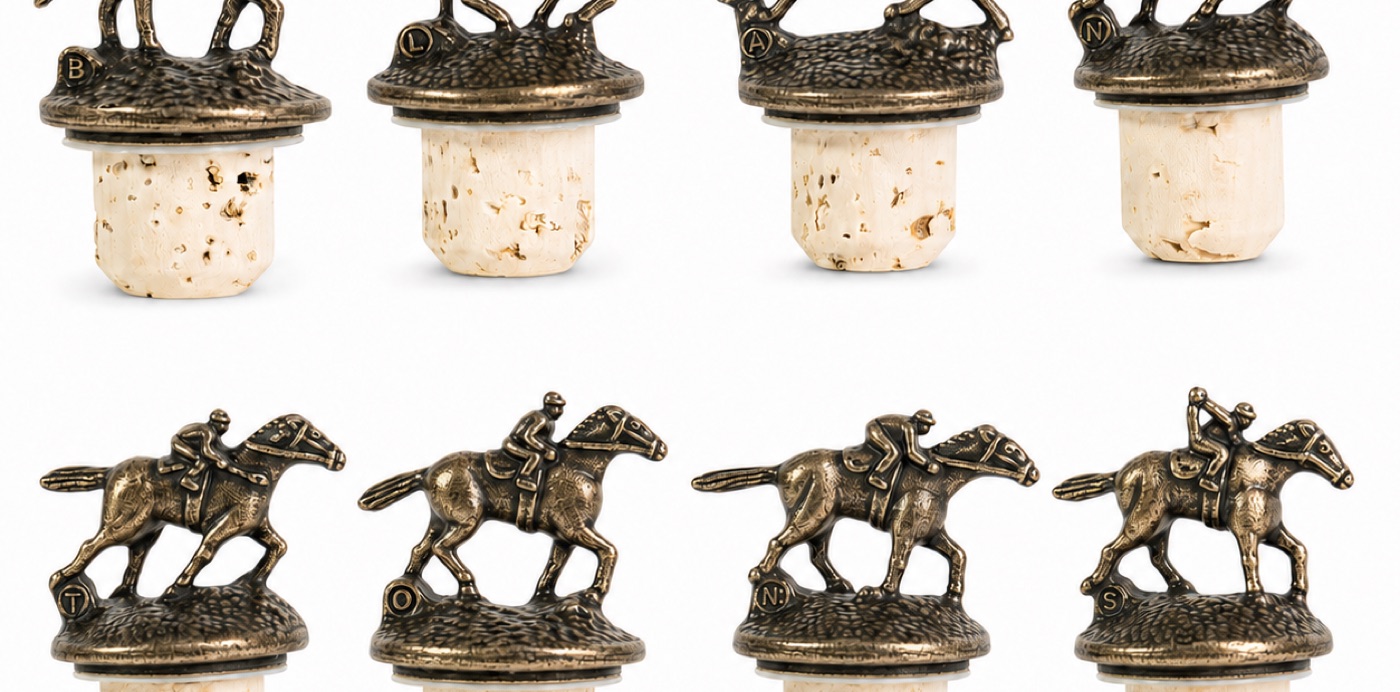 Eight bottle stoppers showing the B-L-A-N-T-O-N-S letter sequence