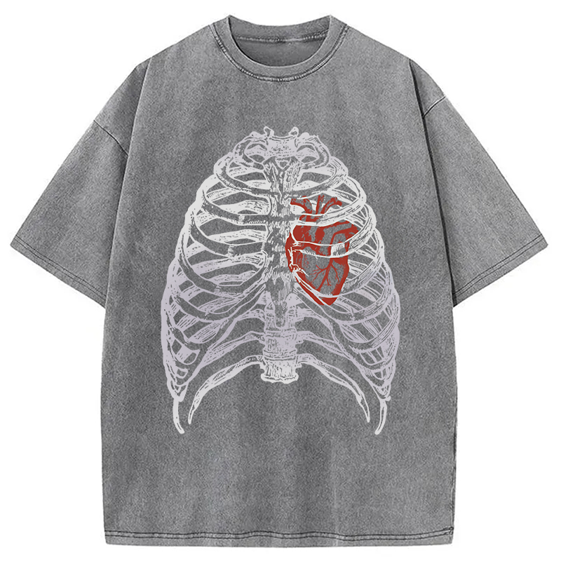 Modecanvas Skeleton Rib Cage Heart DTG Printing Washed T-Shirt-modecanvas