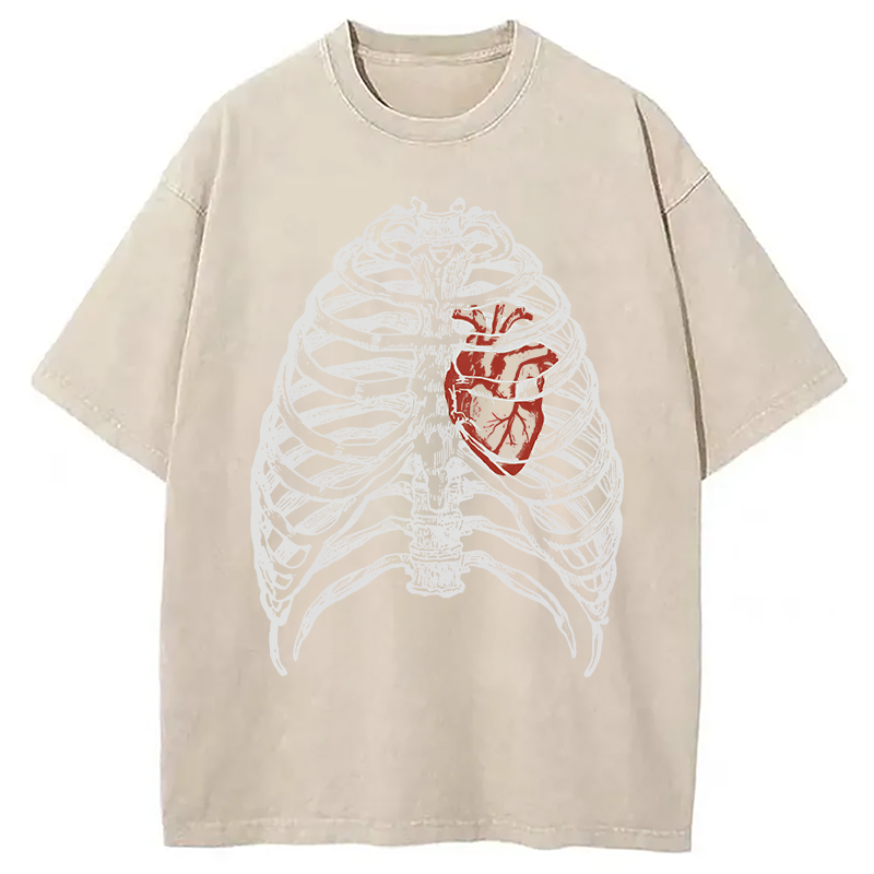 Modecanvas Skeleton Rib Cage Heart DTG Printing Washed T-Shirt-modecanvas