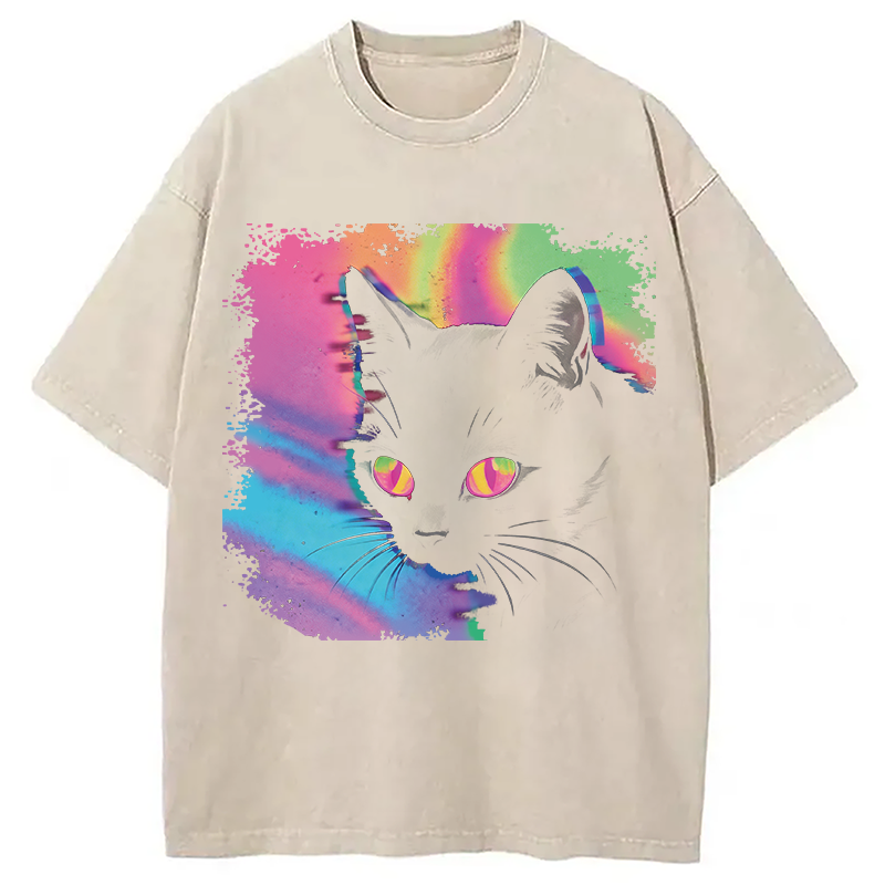 Modecanvas Psychedelic Weirdcore Cat DTG Printing Washed T-Shirt-modecanvas
