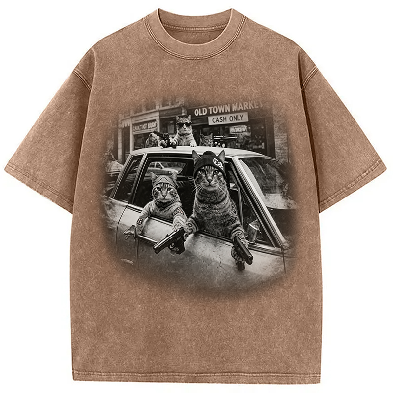 Modecanvas Gangster Cats DTG Printing Washed T-Shirt-modecanvas