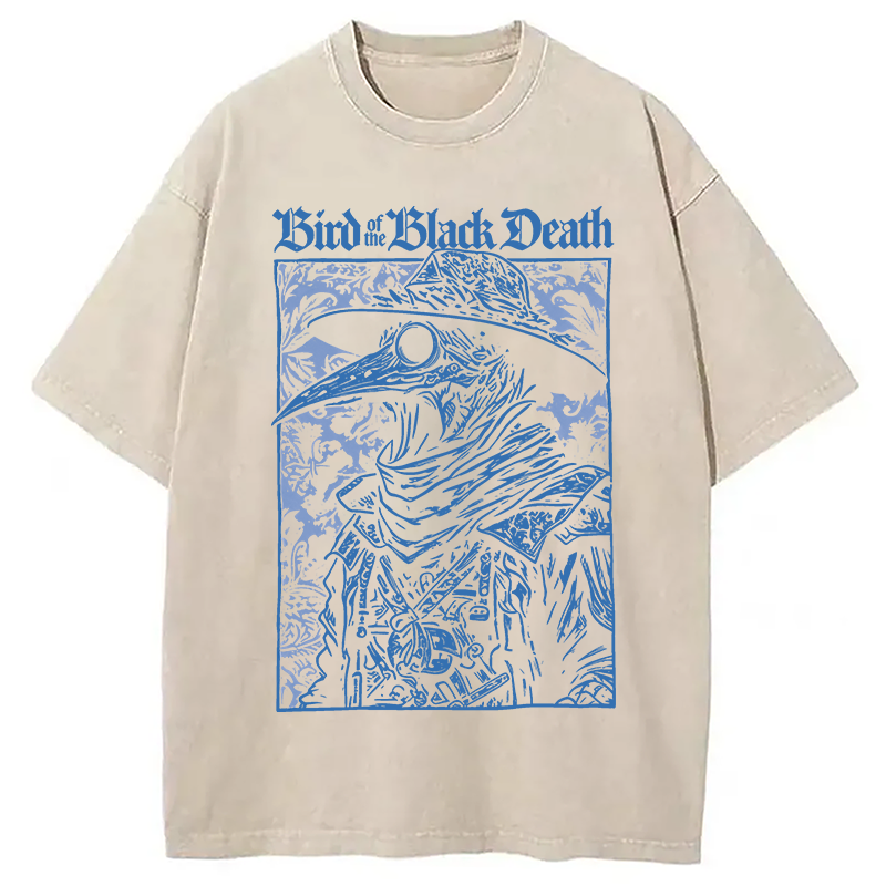 Modecanvas Bird of The Black Death DTG Printing Washed T-Shirt-modecanvas