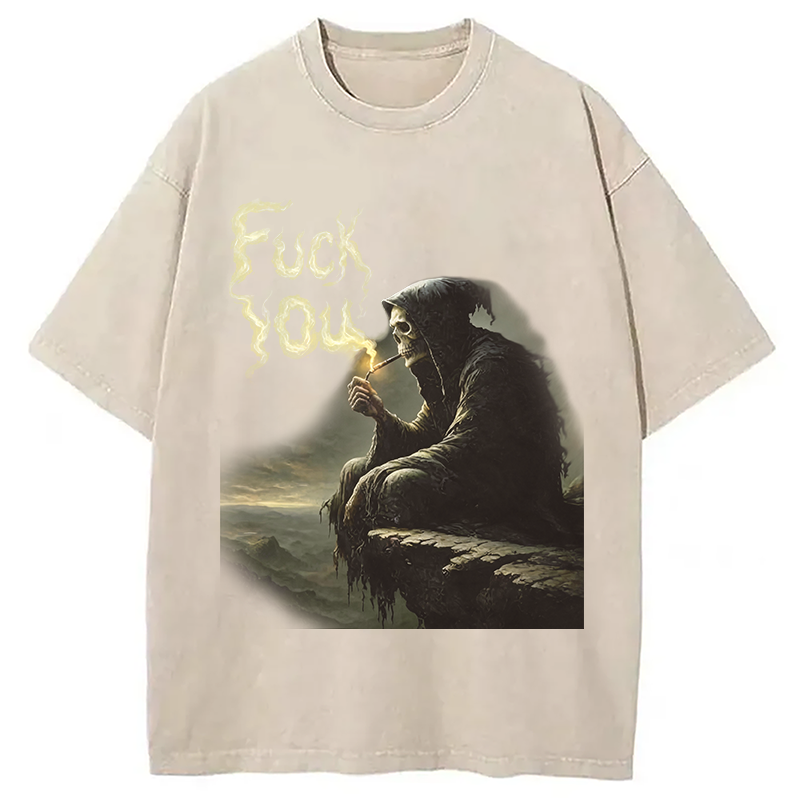 Modecanvas Grim Reaper Fu*k You DTG Printing Washed T-Shirt-modecanvas