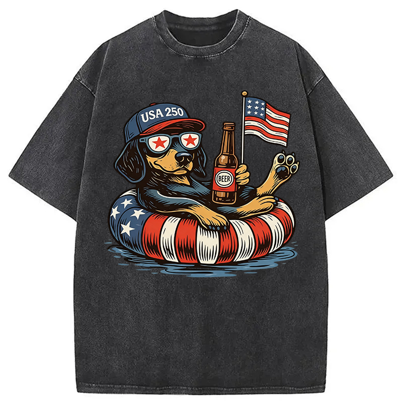 Modecanvas Funny 4th Of July Dachshund DTG Printing Washed T-Shirt