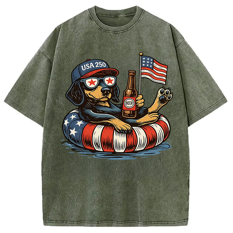 Modecanvas Funny 4th Of July Dachshund DTG Printing Washed T-Shirt