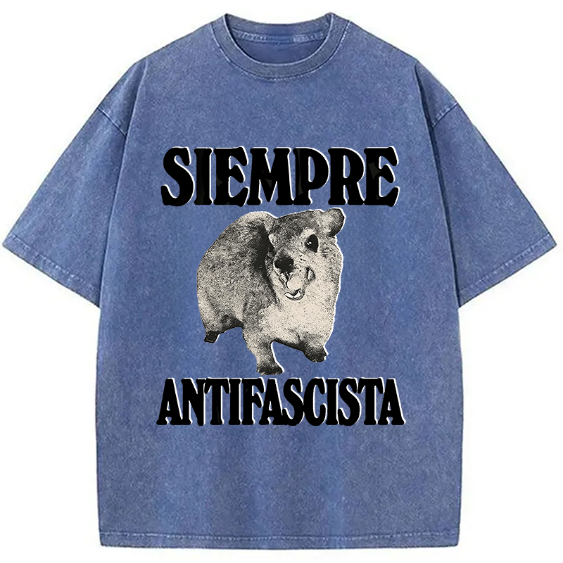 Modecanvas Siempre Antifascista Funny Rock Hyrax Meme DTG Printing Washed T-Shirt