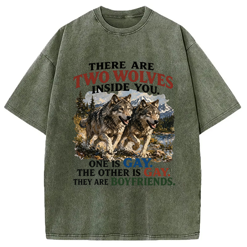 Modecanvas Two Wolves Gay Boyfriends Meme DTG Printing Washed T-Shirt