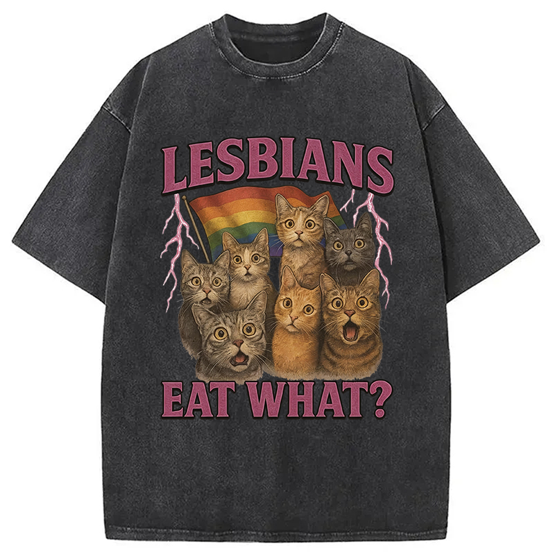 Modecanvas Lesbians Eat What?! Funny Lesbian Pride Meme DTG Printing Washed T-Shirt