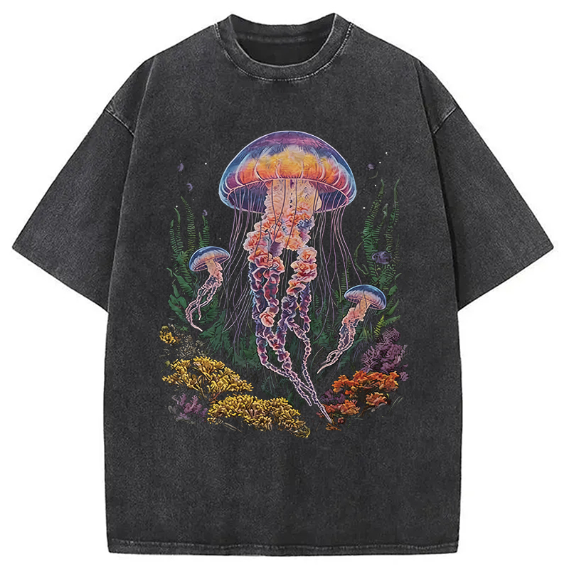 Modecanvas Vintage Jellyfish Dark Ocean Grunge DTG Printing Washed T-Shirt