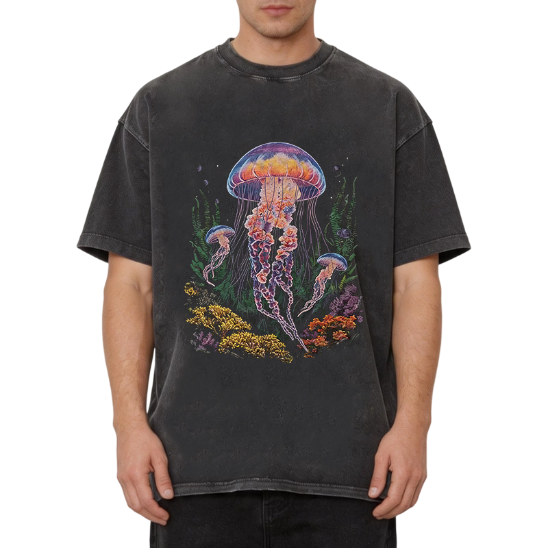 Modecanvas Vintage Jellyfish Dark Ocean Grunge DTG Printing Washed T-Shirt