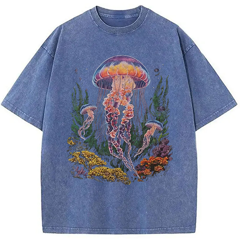 Modecanvas Vintage Jellyfish Dark Ocean Grunge DTG Printing Washed T-Shirt