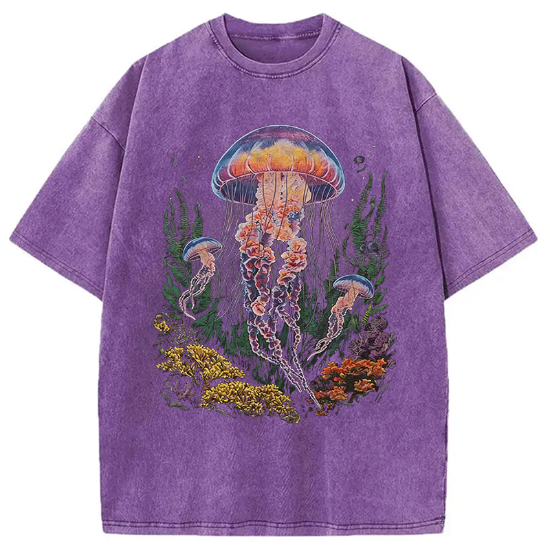 Modecanvas Vintage Jellyfish Dark Ocean Grunge DTG Printing Washed T-Shirt