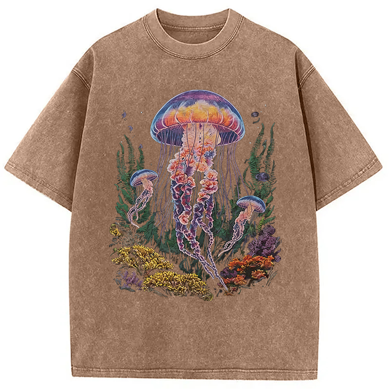 Modecanvas Vintage Jellyfish Dark Ocean Grunge DTG Printing Washed T-Shirt
