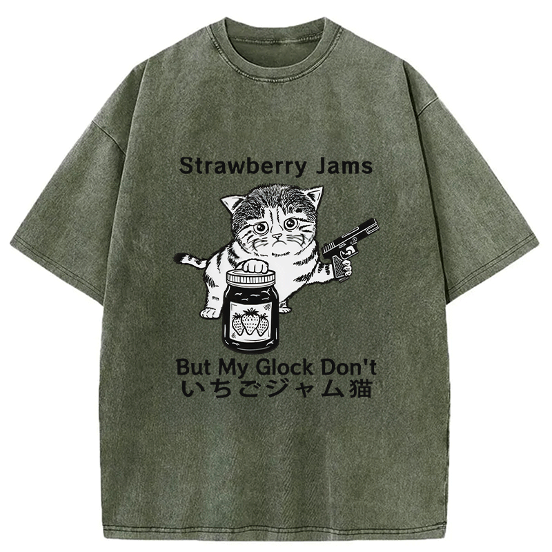 Modecanvas Strawberry Jam Cat Washed T-Shirt-modecanvas