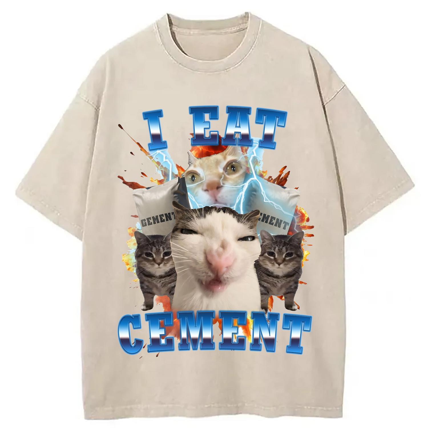 Modecanvas I Eat Cement Funny Cat Meme Washed T-Shirt-modecanvas