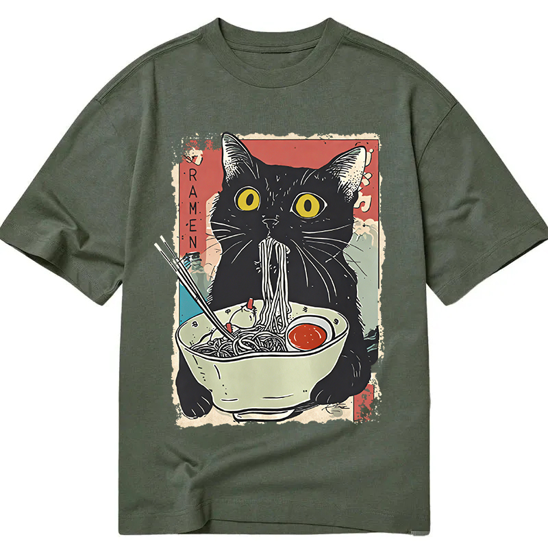 Modecanvas Cute Cat Eating Ramen DTG Printing Classic T-Shirt-modecanvas