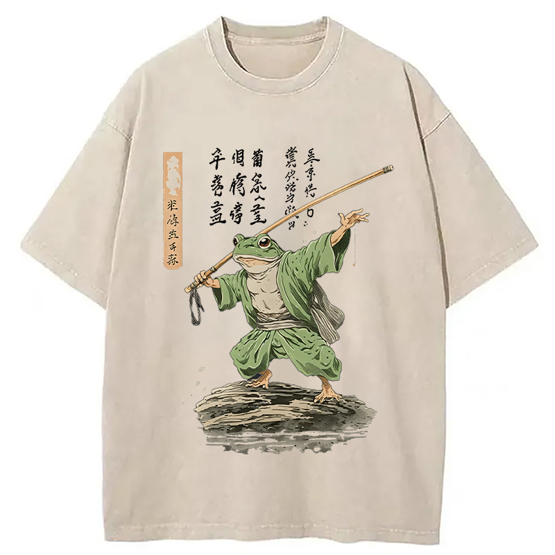 Modecanvas Frog Samurai Japanese Art Vintage Washed T-Shirt-modecanvas