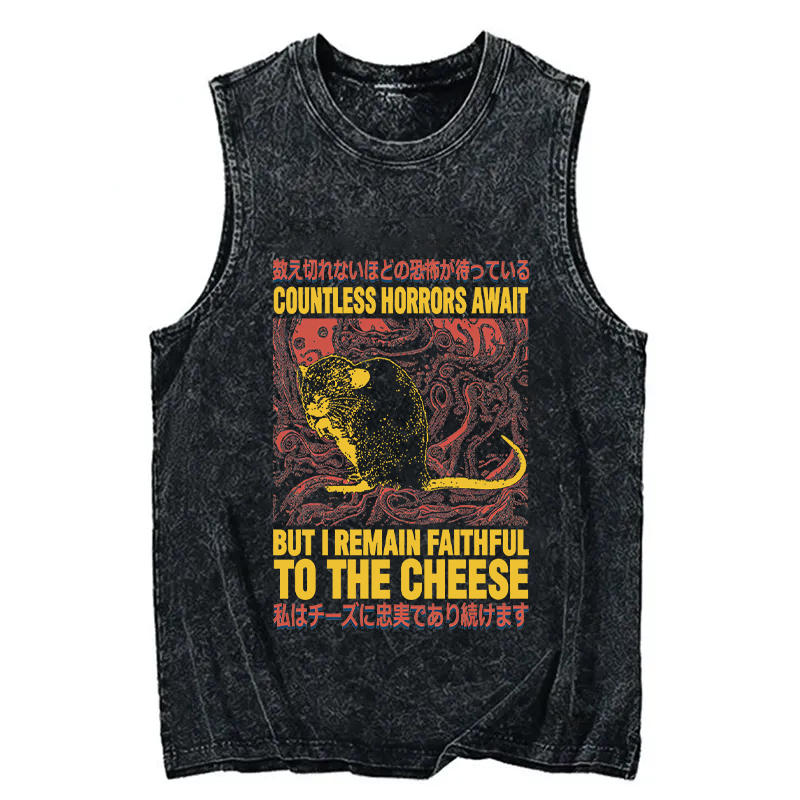 Modecanvas Countless Horrors Await But Remain Faithful to the Cheese DTG Printing Washed Tank-modecanvas