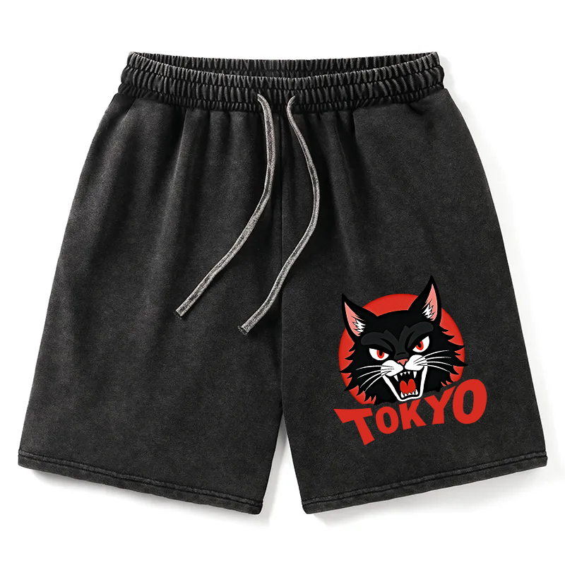 Modecanvas Logo Black Cat Washed Shorts For Sale