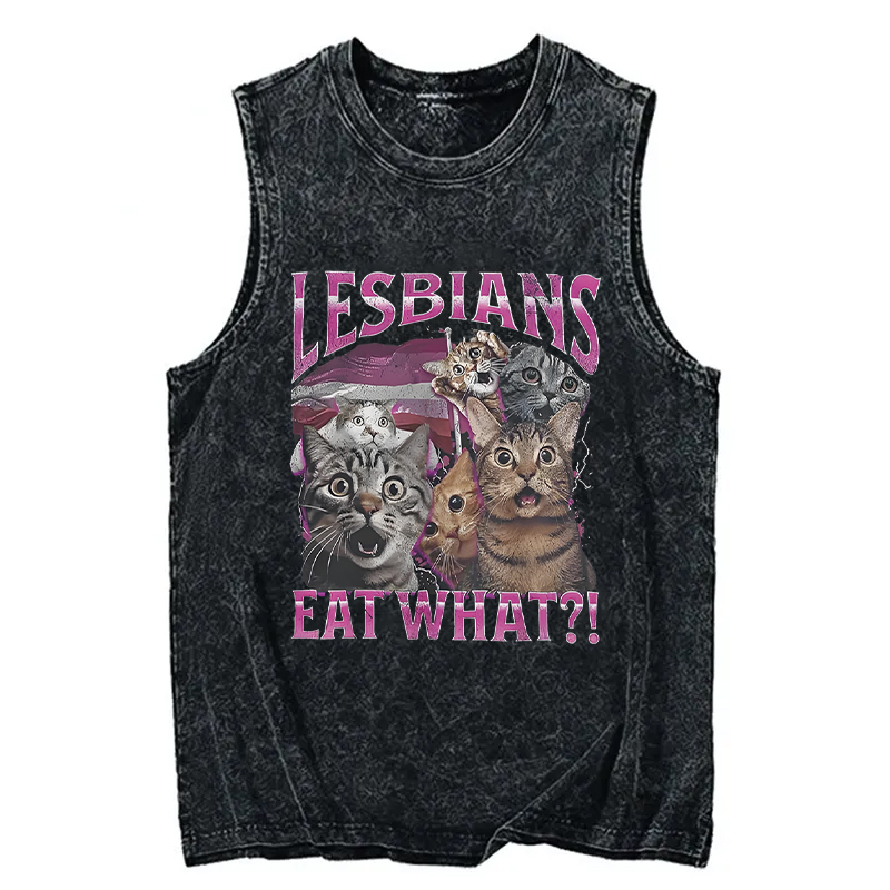 Modecanvas Lesbians Eat What?! Funny DTG Printing Washed Tank-modecanvas