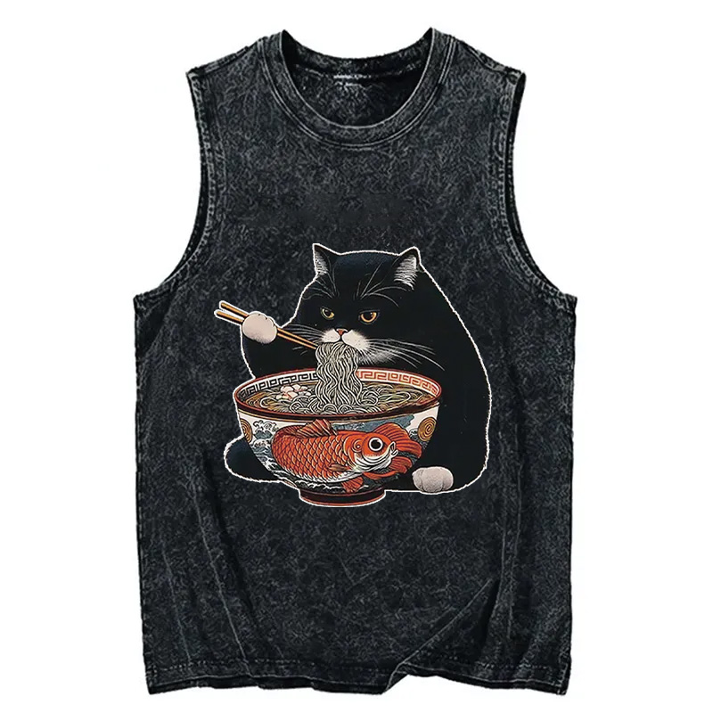 Modecanvas Fat Cat Eating Ramen DTG Printing Washed Tank-modecanvas