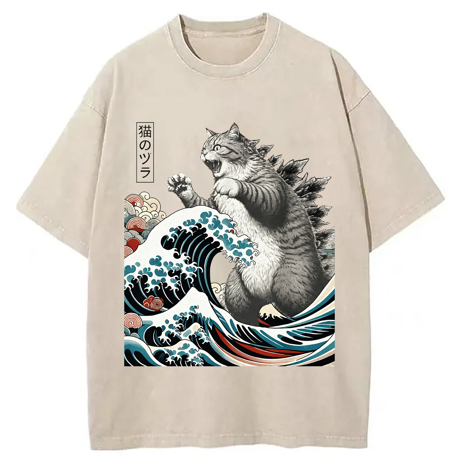Modecanvas Cat Ukiyoe Great Wave Vintage Japanese Design Washed T-Shirt-modecanvas