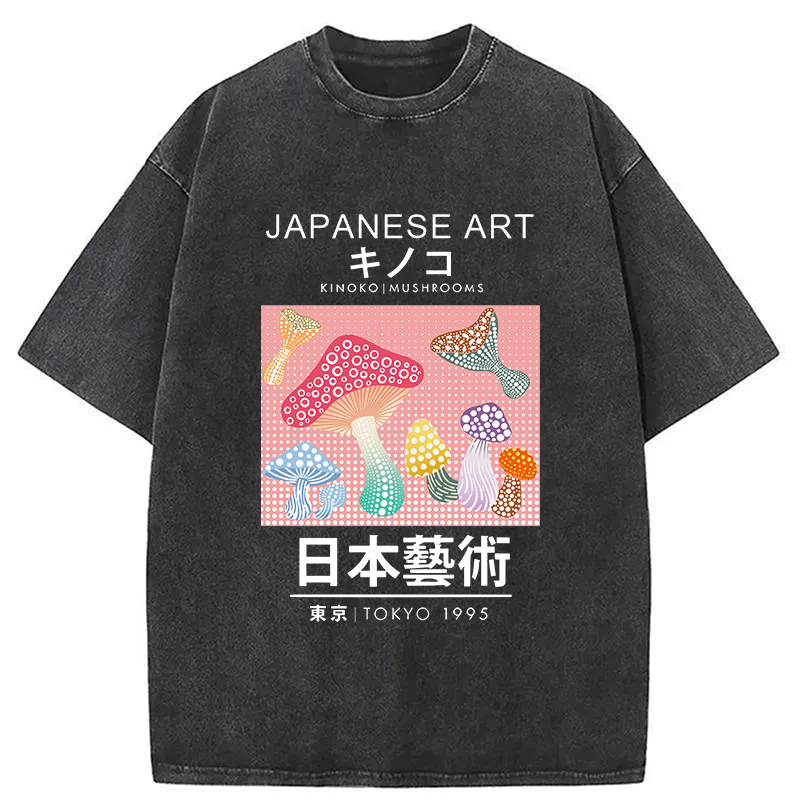 Modecanvas Pink Mushroom Japanese Art Washed T-Shirt