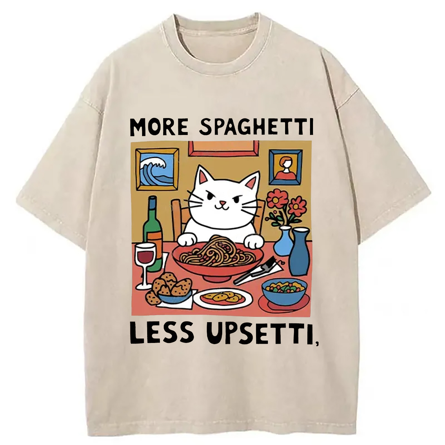 Modecanvas Cat Eating Spaghetti Washed T-Shirt